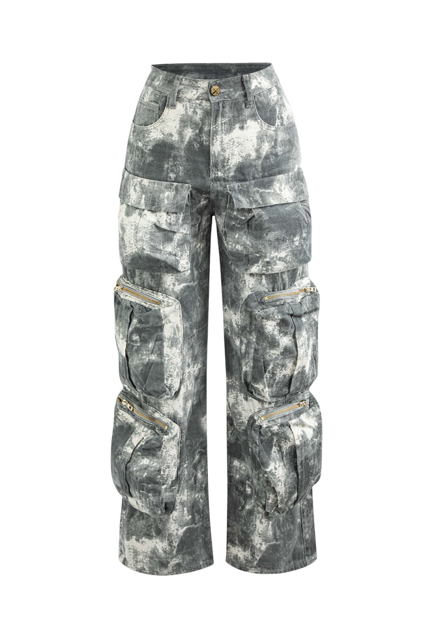 Calça Jeans Cargo Tie Dye Multi Bolso Perna Reta