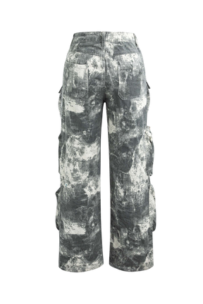 Calça Jeans Cargo Tie Dye Multi Bolso Perna Reta