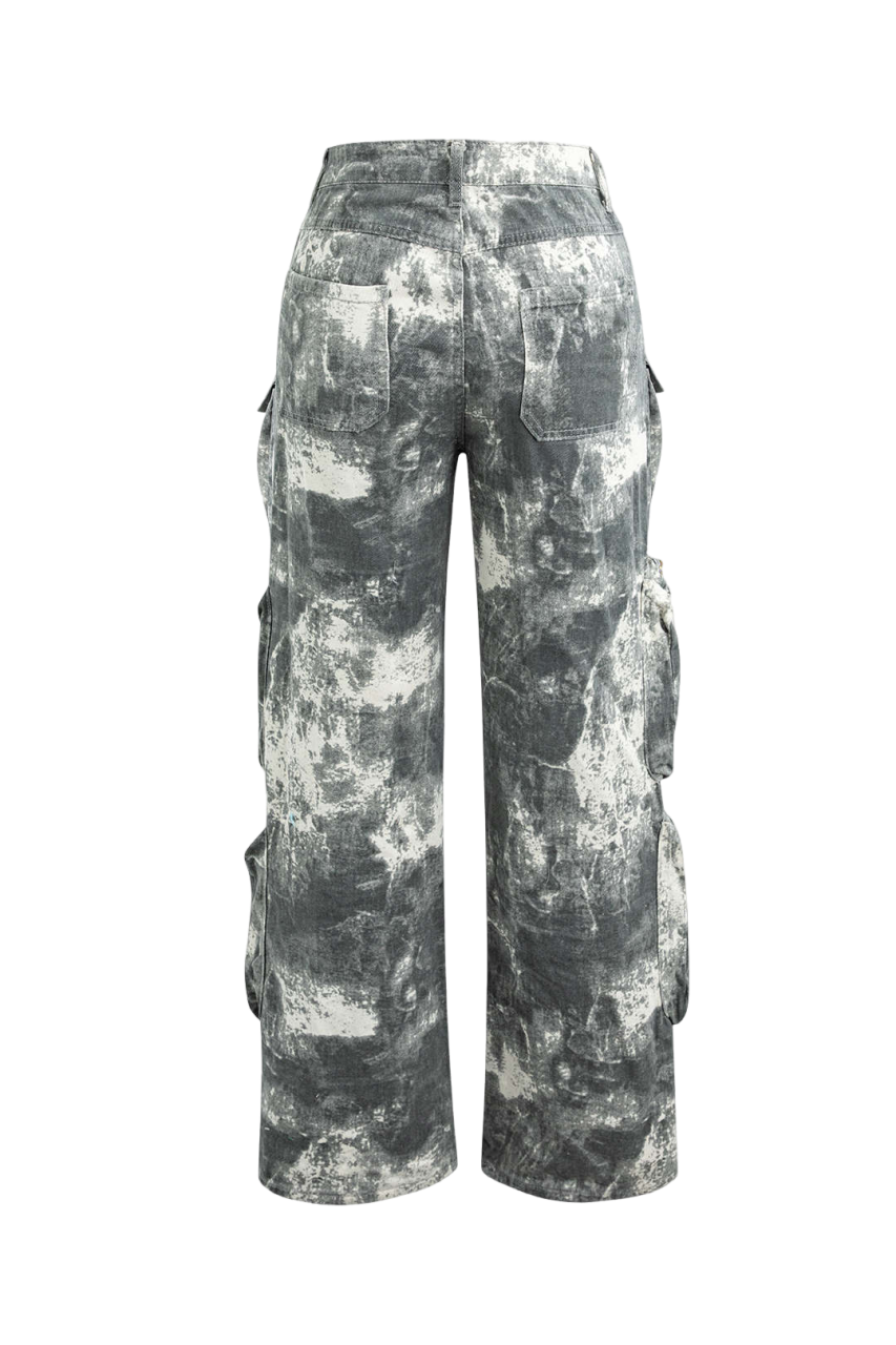 Calça Jeans Cargo Tie Dye Multi Bolso Perna Reta