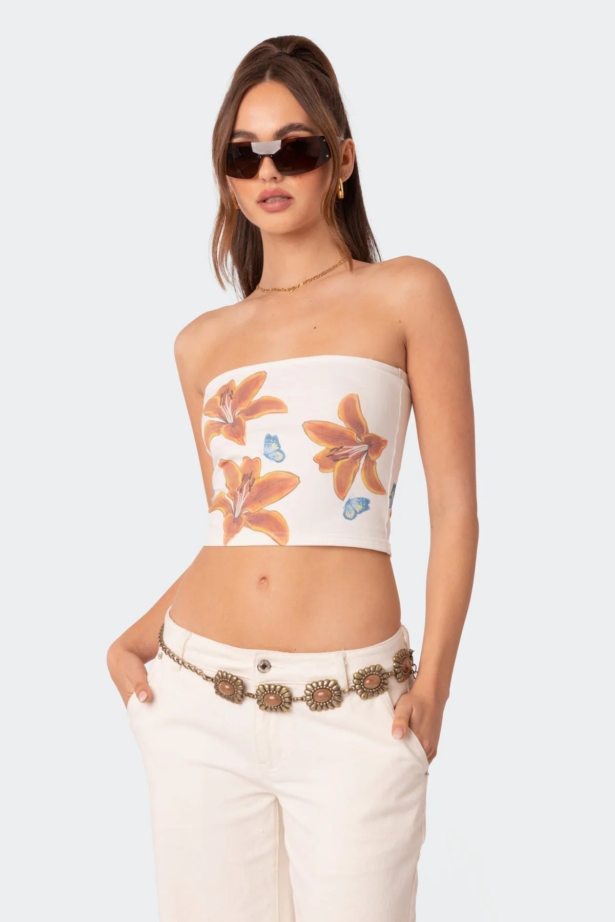 Top Cropped Tubo com Estampa Floral