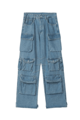 Calça Cargo Jeans Perna Reta com Multi bolsos