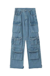 Calça Cargo Jeans Perna Reta com Multi bolsos