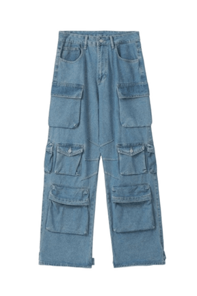 Calça Cargo Jeans Perna Reta com Multi bolsos